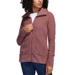 Adidas Women's Polar Fleece Jacket -Famous Golf Shop adidas fw22 womens polar fleece jacket quiet crimson front itempicture